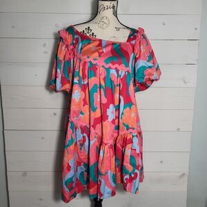 ALDEN ADAIR Dress Floral Off-Shoulder Mini Cotton Retro BOHO